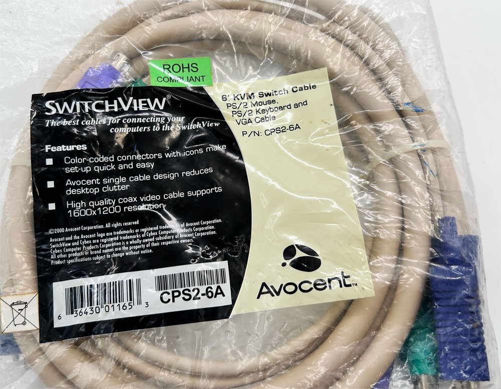 Avocent SwitchView 6' PS/2 KVM Switch Cable CPS2-6A Color Coded Mouse Keyboard