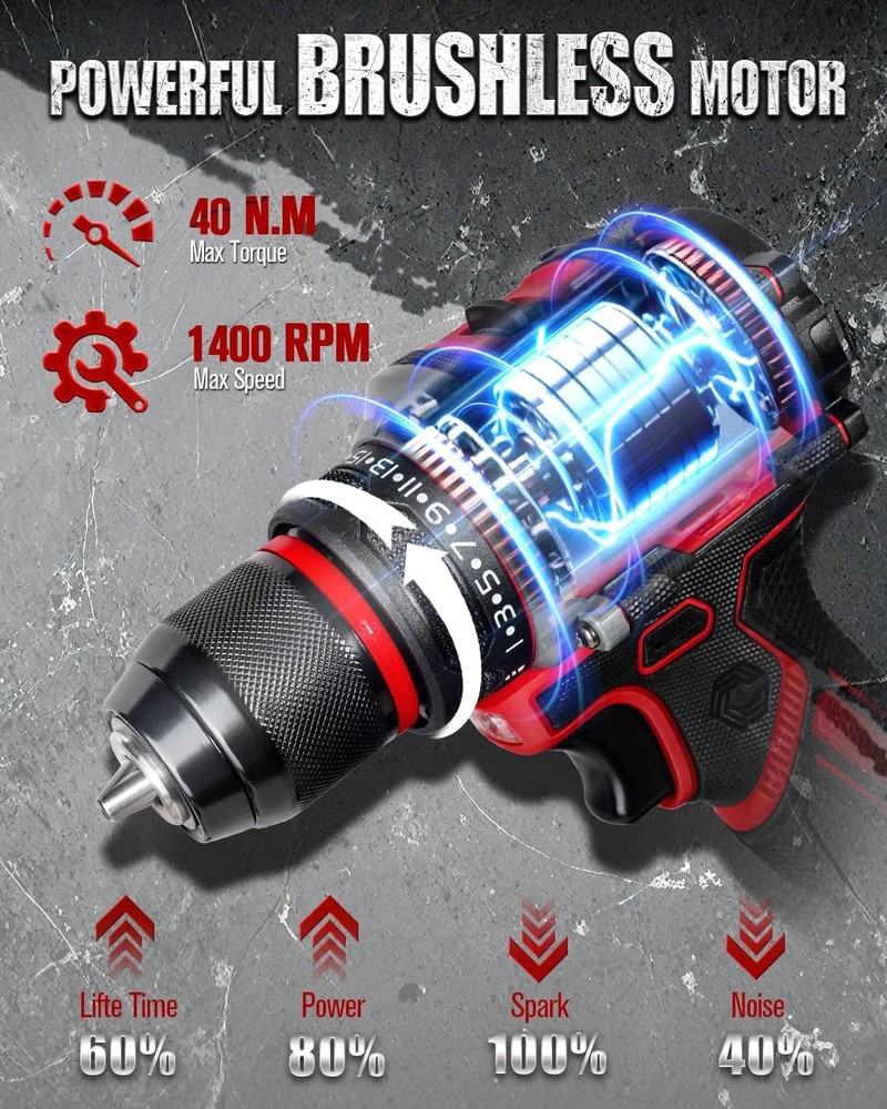High-Torque 355 In-Lbs Brushless Drill with 2-variable Speeds & Accessories