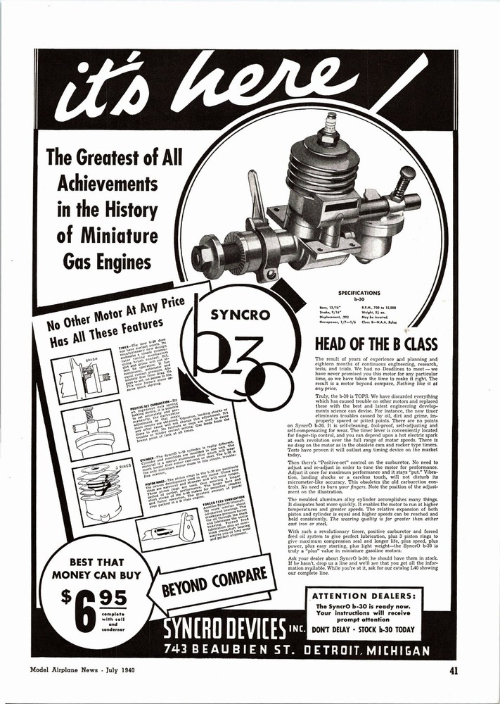 Syncro B-30 RC Engine 1940 Print Ad Wall Art Ephemera