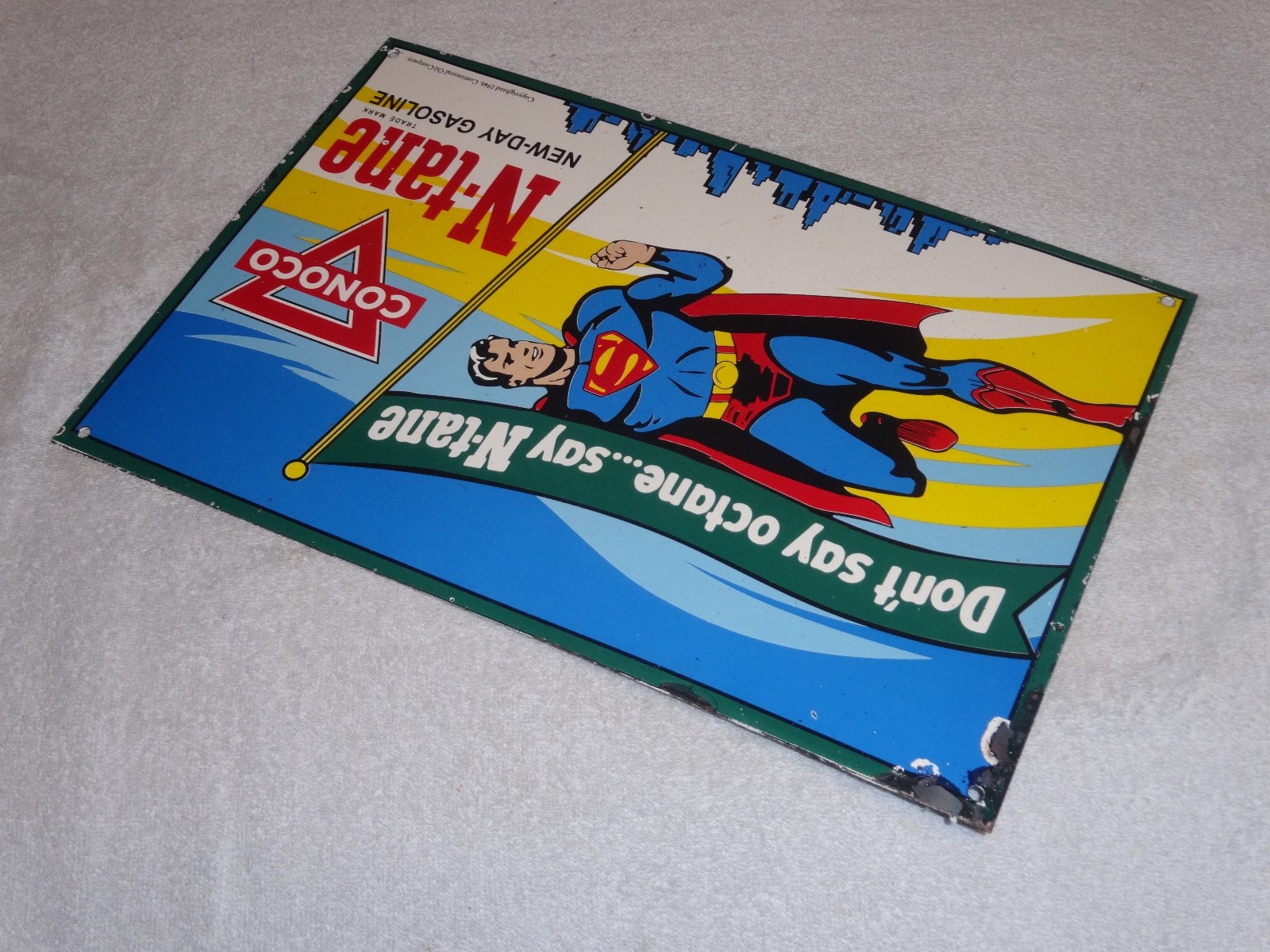 VINTAGE 1946 CONOCO N-TANE SUPERMAN GASOLINE 16" PORCELAIN METAL COMIC BOOK SIGN