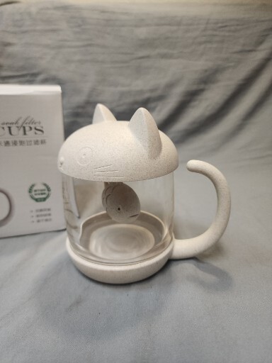 Kitty Cat Tea Cup Mug & diffuser infuser strainer, Glass body fish cute NEW