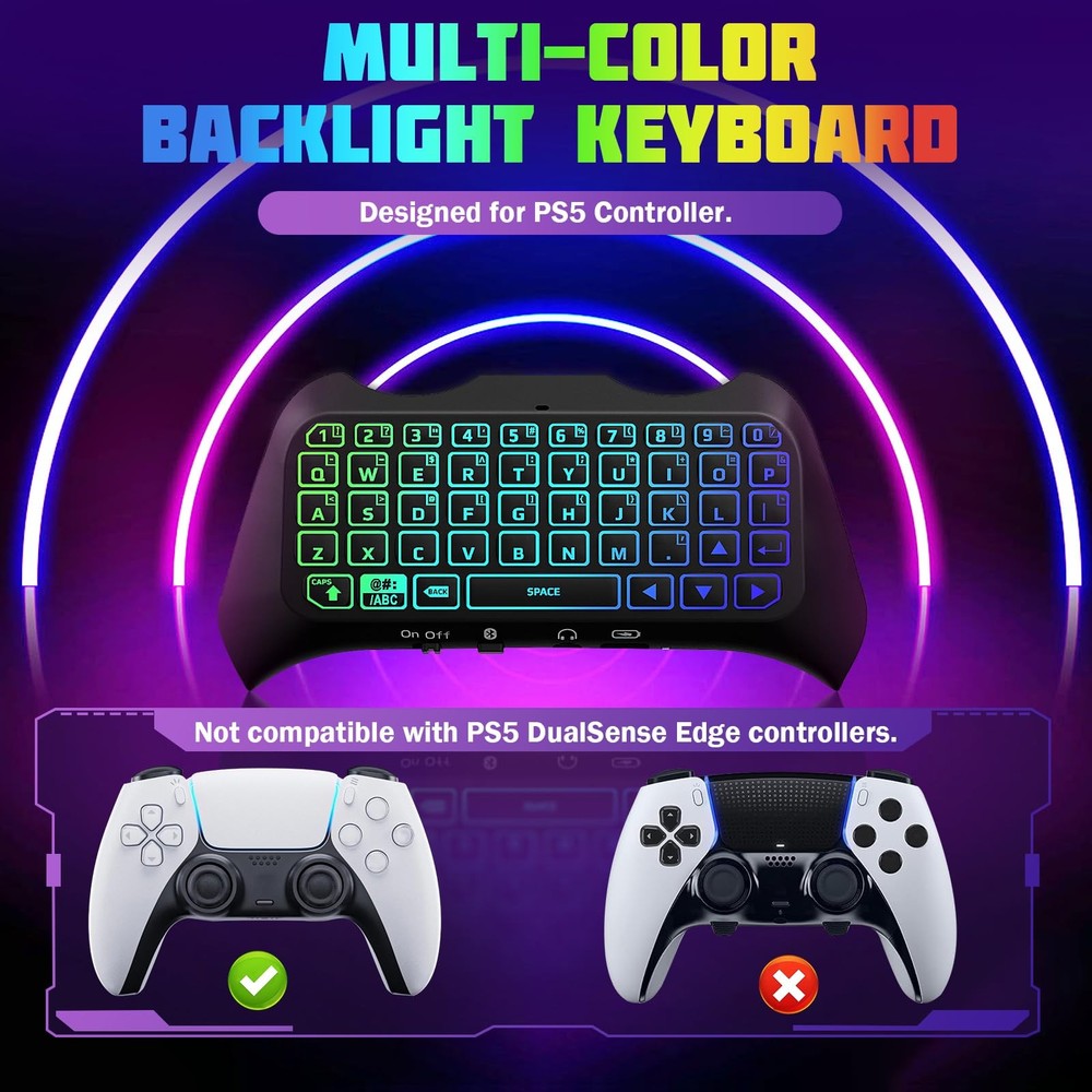 RGB Backlight Keyboard for PS5 Controller, Wireless Bluetooth Keypad Chatpad ...