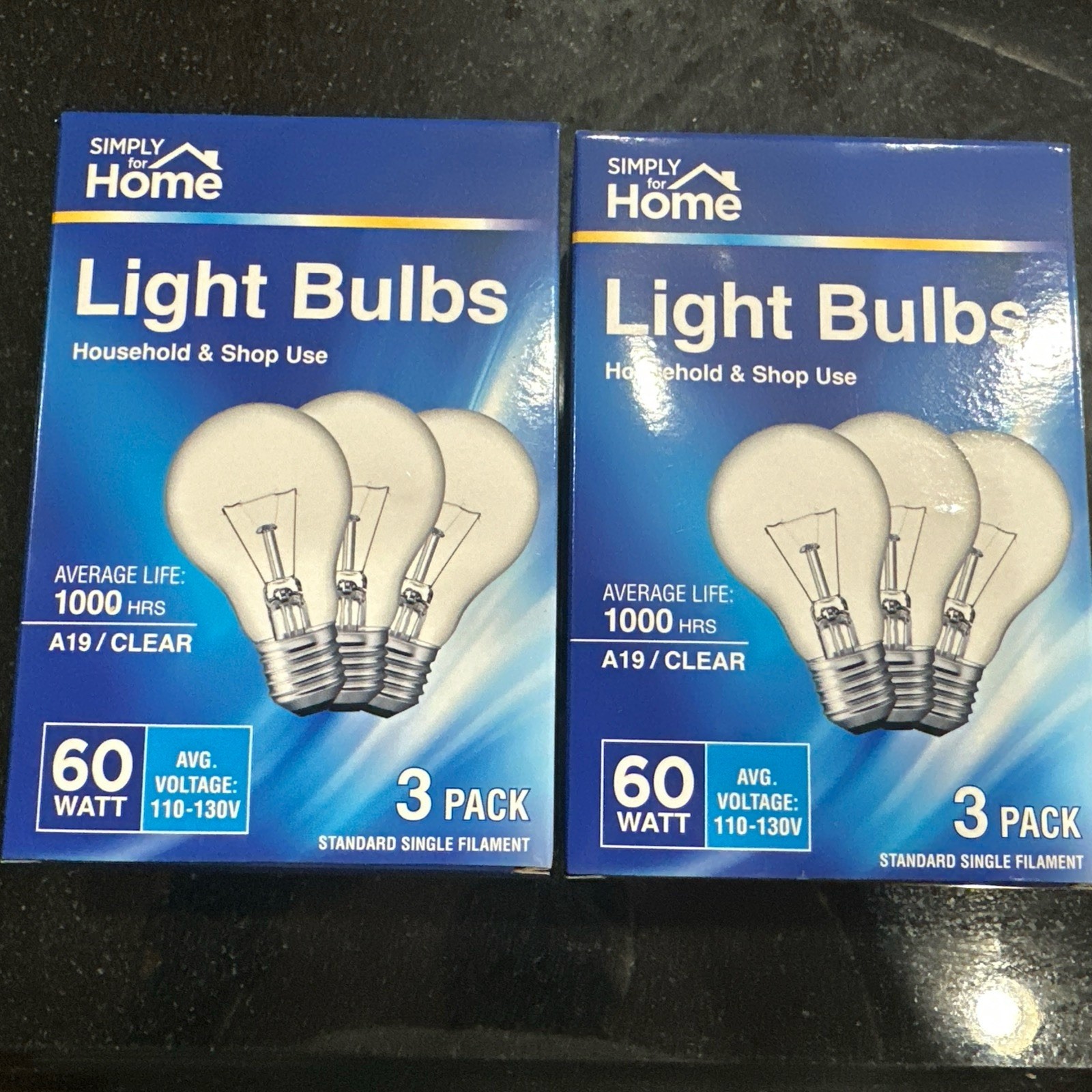 2 Boxes Simply Home 60 Watt Light Bulb Clear A19 120V 1000 Hrs Universal (6 Bulb
