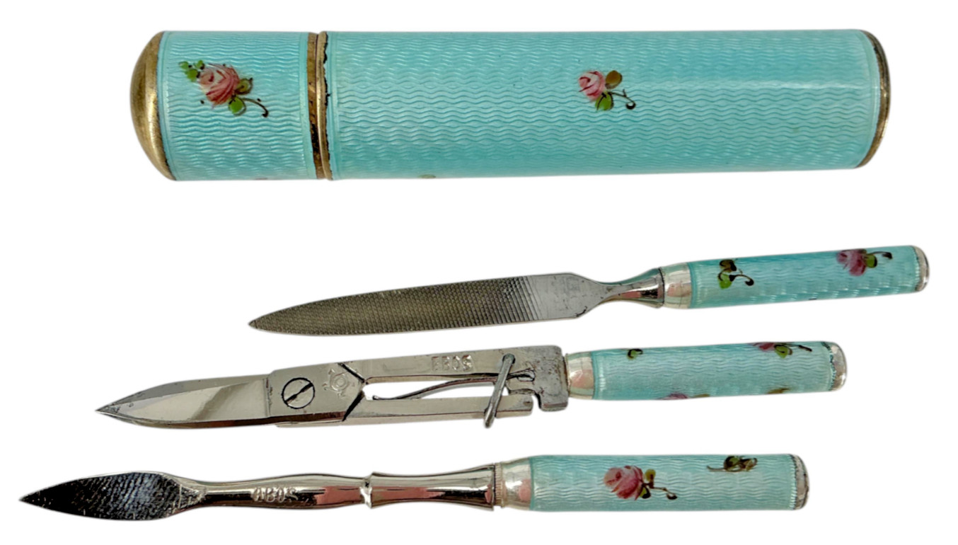 Antique Guilloche Enamel Sterling Silver 935 Manicure Etui Set Holder - Germany