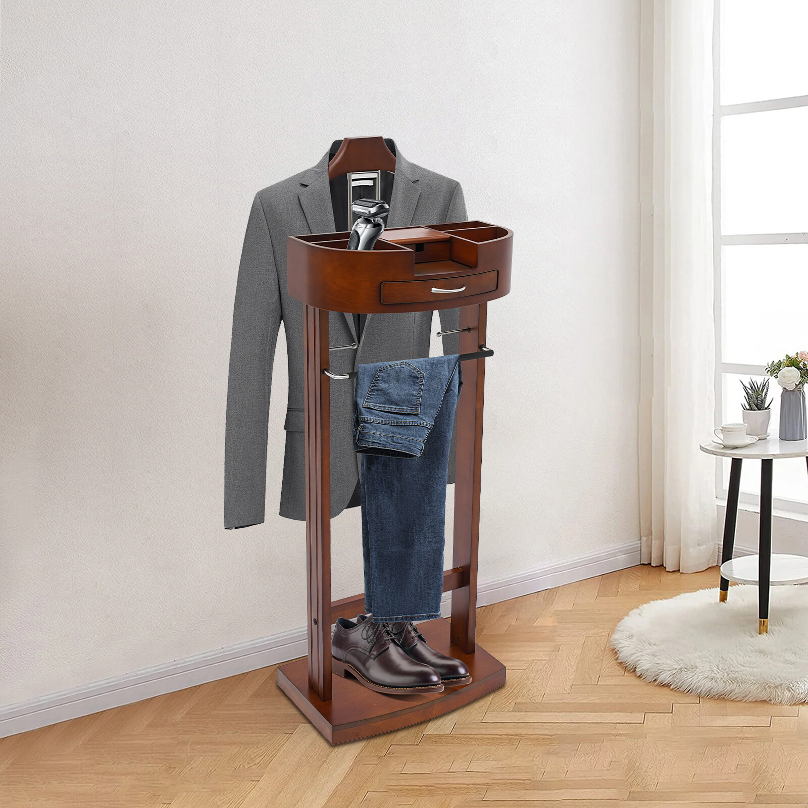 Modern Wood Suit Rack Freestanding Clothing Valet Stand Brown For Home Indoor US
