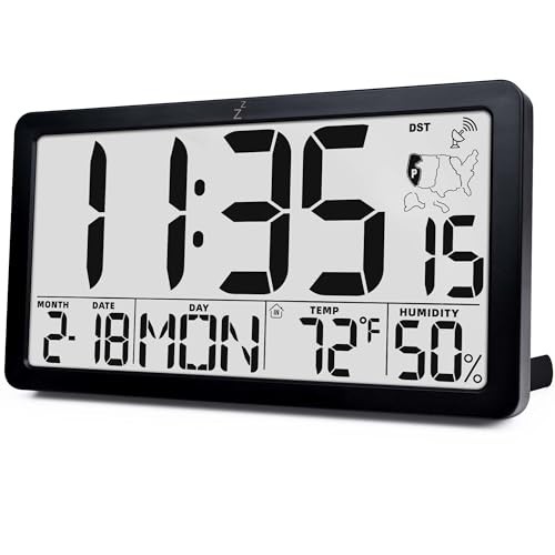 Atomic Digital Wall Clock, Battery Operated with Temperature & Black -Atomic