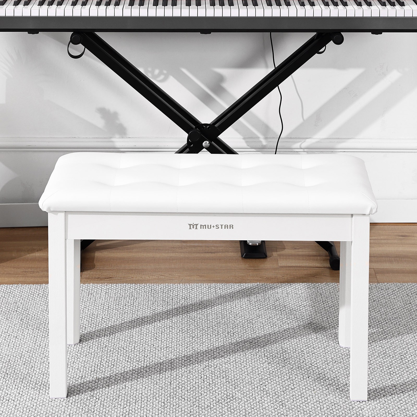 Wooden White Duet Piano Keyboards Bench Vanity Stool with Storage,Padded Cushion