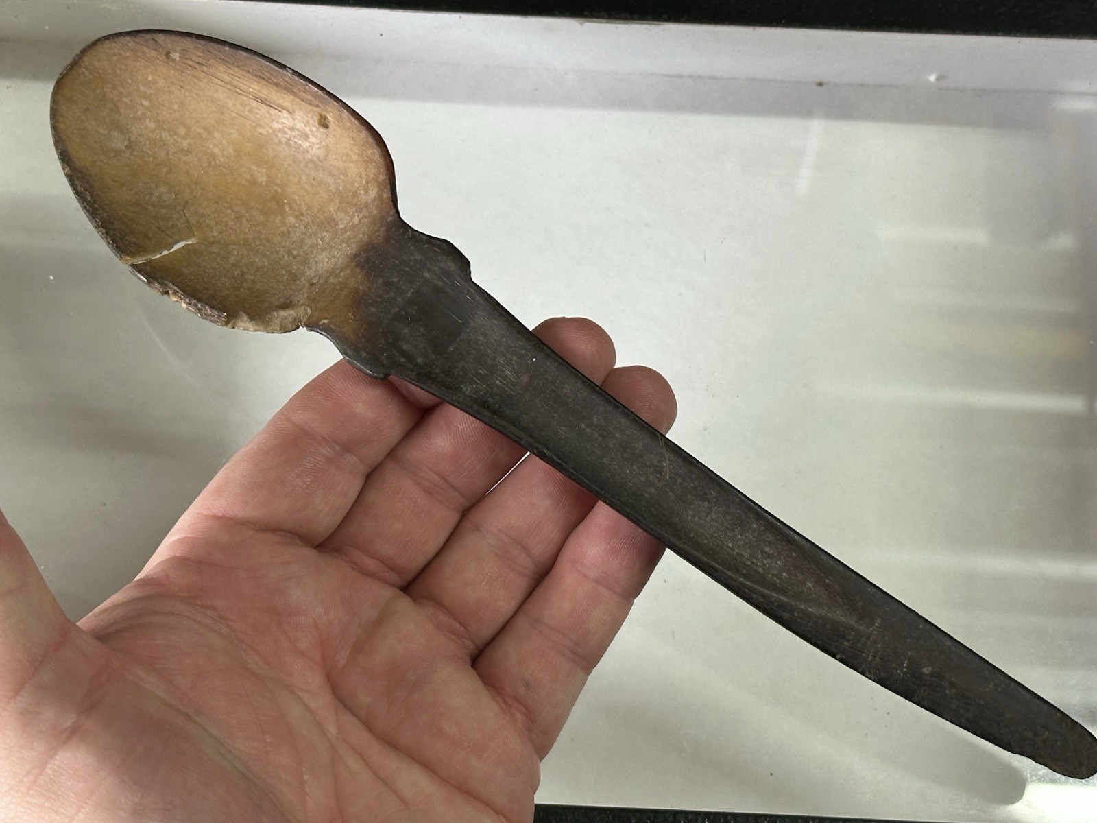 19th C Native American Plains Indian Sioux Carved Horn Spoon Scoop Ladle 10 1/4”