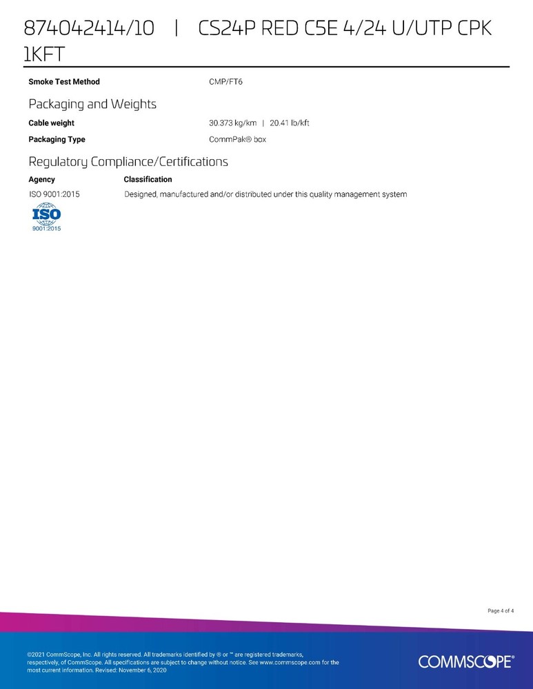 Commscope CS24P 24/4P Cat5E U/UTP WebTrak Plenum Network Cable CMP Red /100ft