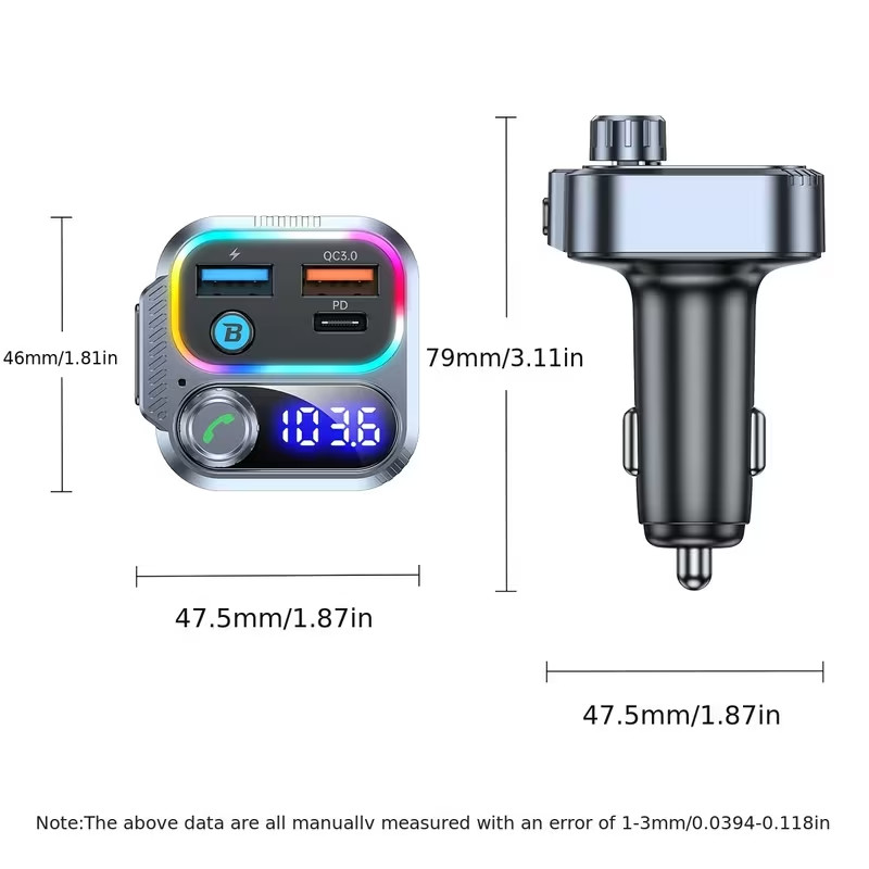 Bluetooth 5.4 FM Transmitter PD 30W USB-C Car Charger QC3.0 Hands-Free HiFi Bass