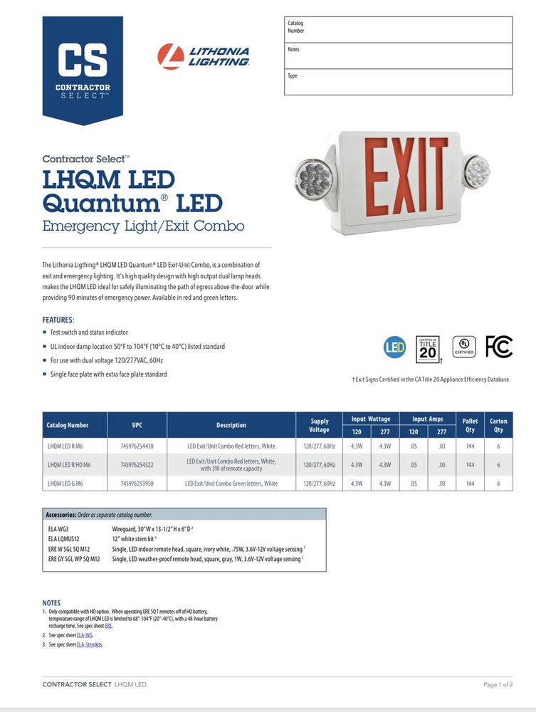 🔥Lithonia Contractor Select LHQM LED R M6 Exit / Emergency Combo ~ 1 Unit