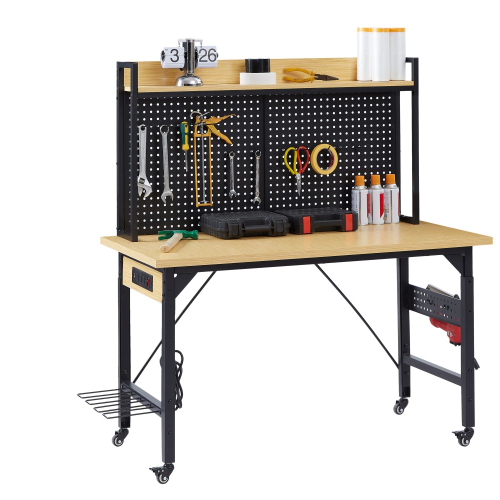 48'' Adjustable Workbench 1600lb Capacity W/Pegboard/Wheels/AC-USB Garage