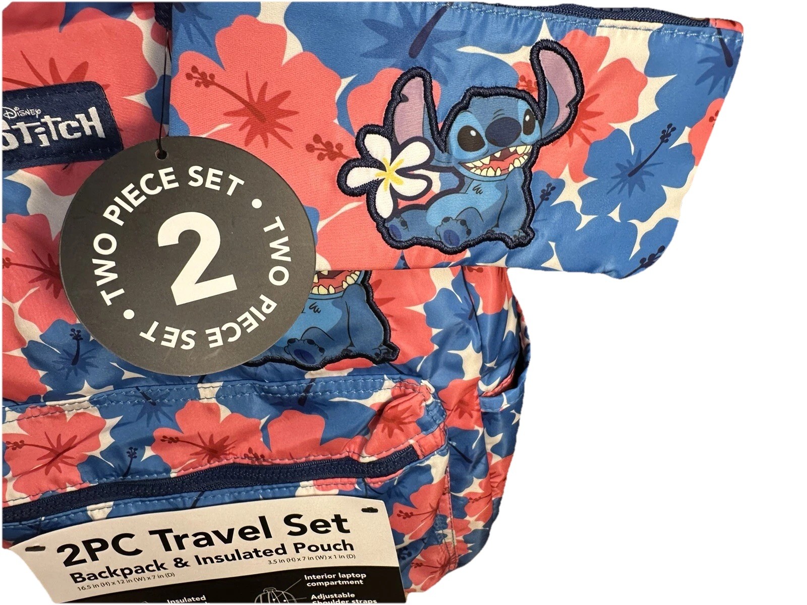 NEW Disney Stitch 2 Pc Travel Set Backpack + Insulated Pouch • Hibiscus AOP