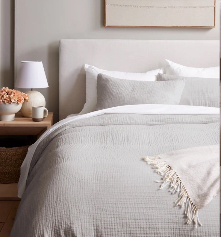 NWOT Quince Organic Cotton Airy Gauze Duvet Cover Set King Light Grey Open Box