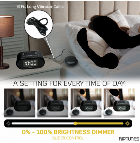 RIPTUNES Dual Alarm Clock, Vibrating Bed Shaker, Loud, Flashing Lights, Dimmer