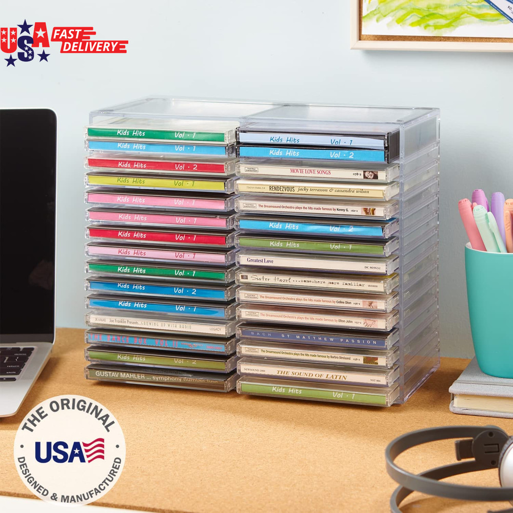 Stackable Clear Plastic CD Organizer with Rubber Feet | Rectangular Jewel Cases