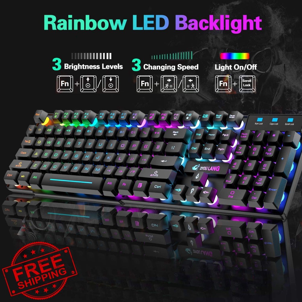 Wireless Gaming Keyboard Mouse Combo Rainbow Backlit 2.4GHz PC Mac