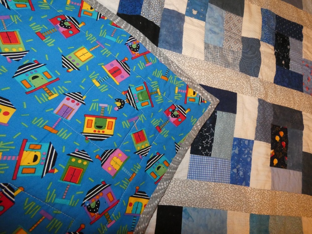 Blue Rectangles Handmade Quilt Pieced Child Prints 33 x 39"