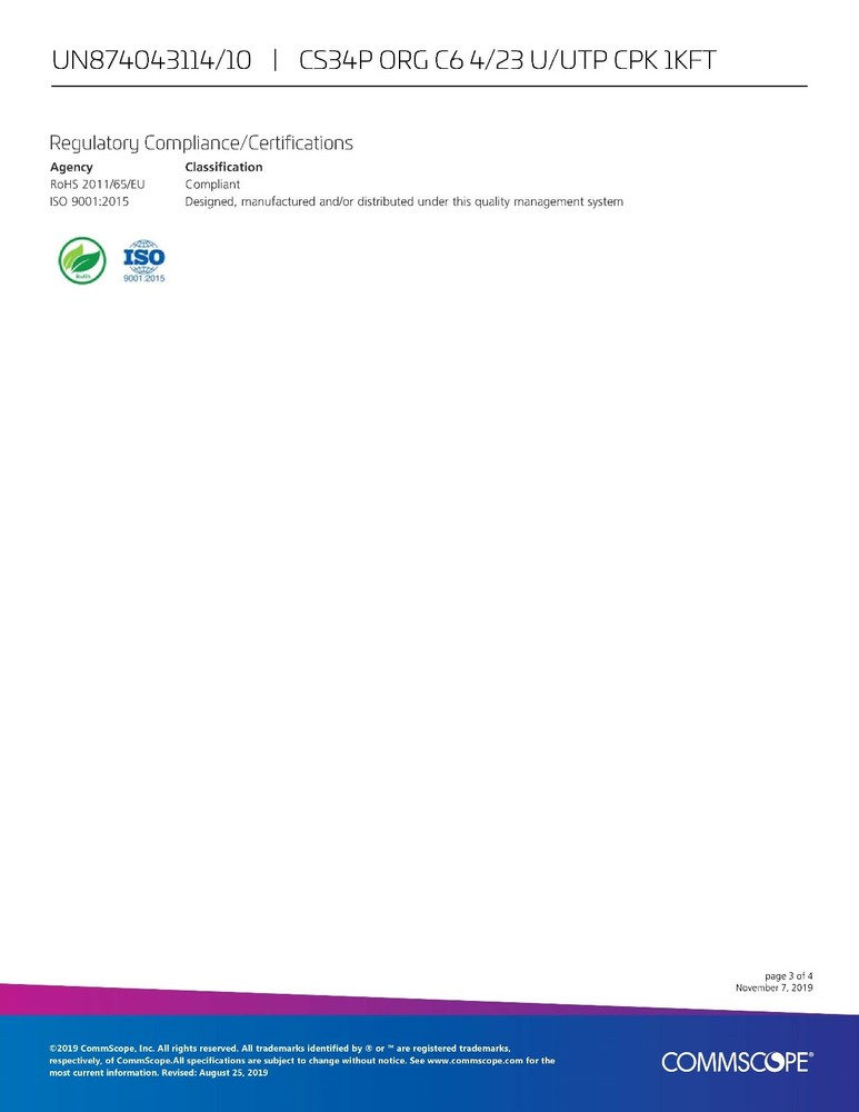 Commscope CS34P 23/4P Cat6 U/UTP WebTrak Plenum CMP Network Cable Orange /100ft