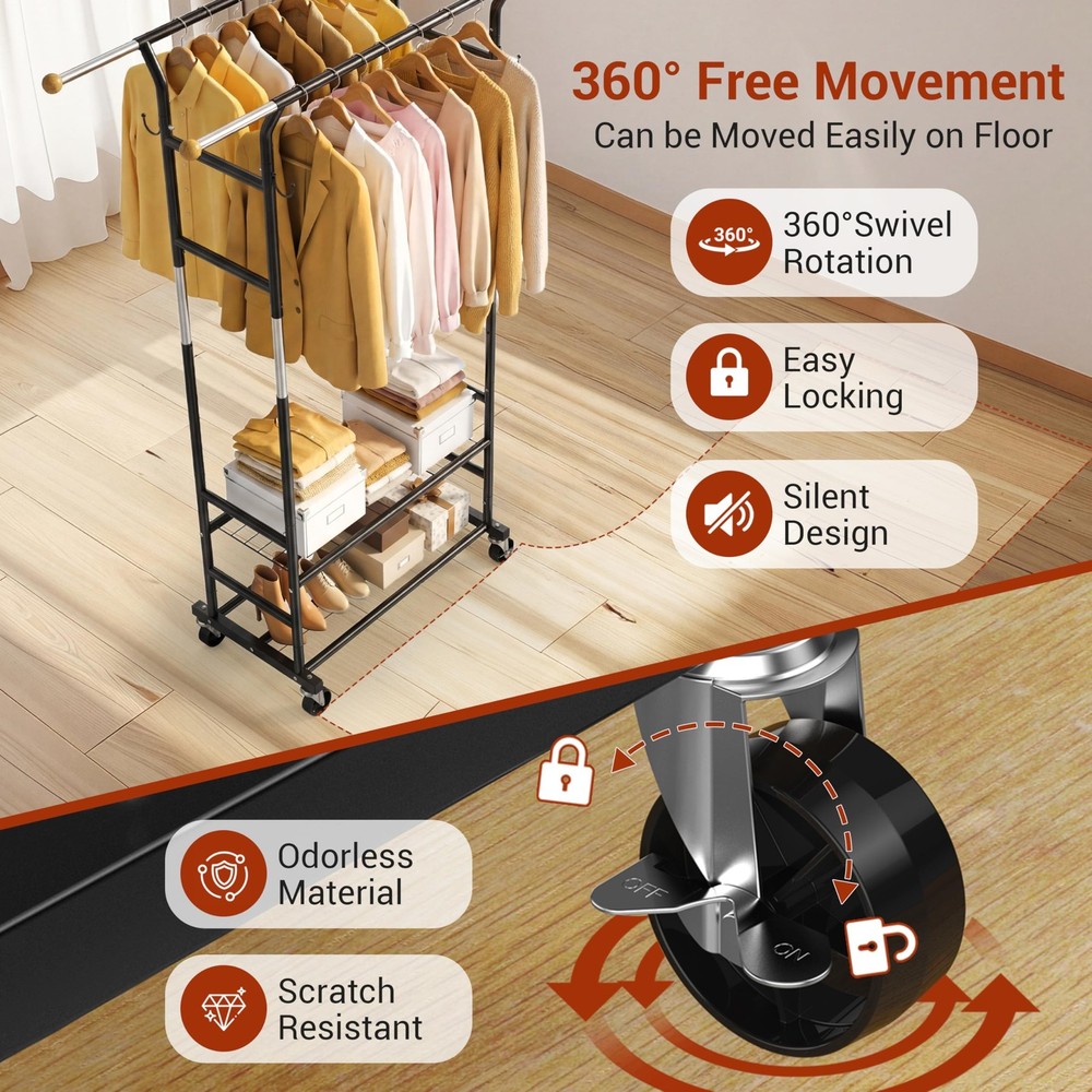 Clothes Rack with 3-Level Height Adjustment - Double Rod Extendable Hanging R...