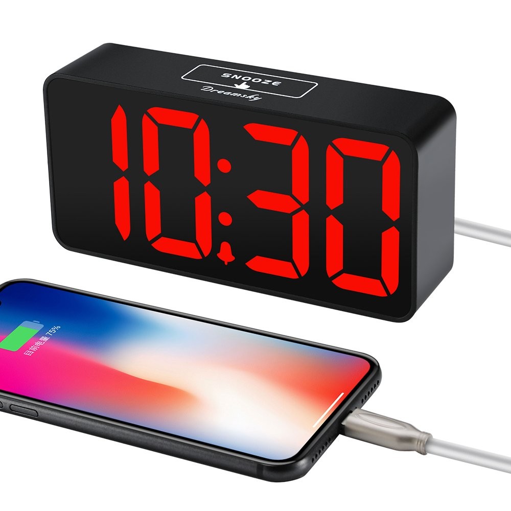 Digital Alarm Clock with Big Numbers, Dimmer, USB Charging, Adjustable Volume