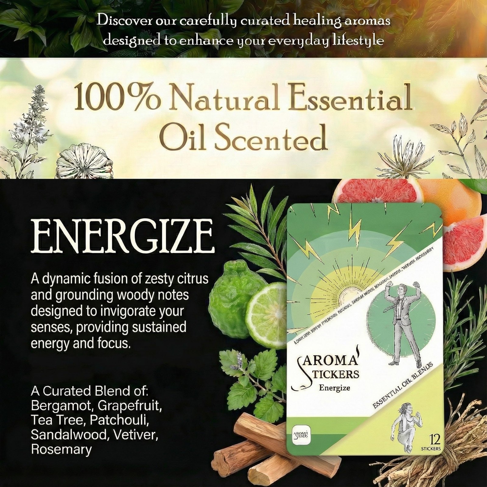 AROMA STICKERS® Original Blend ENERGIZE - 100% Natural 1 Fl Oz (Pack of 3)
