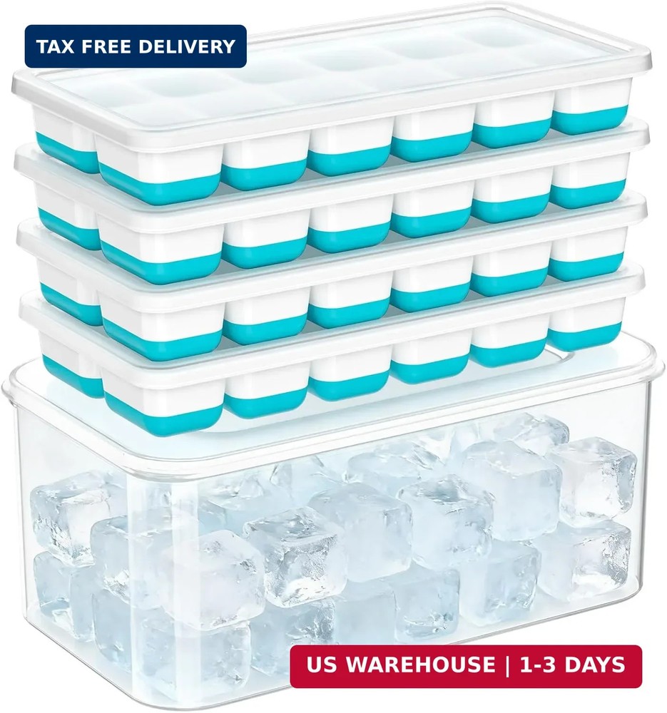 NFK Ice Cube Tray with Lid & Bin - 4 Pack 48 Cubes Stackable Silicone Trays for