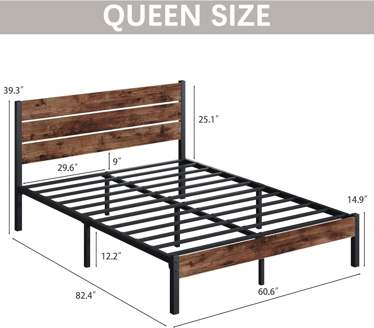 Queen Bed Frame with Headboard and Footboard, Under Queen, Rustic Brown