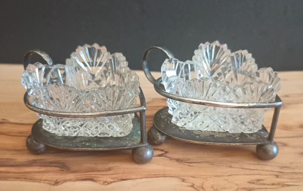 2 Antique Walker & Hall Silver Plate Heart Cut Glass Salt Cellars Rare Shape