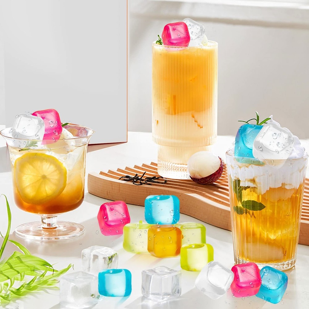 60Pcs Reusable Ice Cubes - Colorful Plastic, Non-Diluting Square Cubes for Dr...