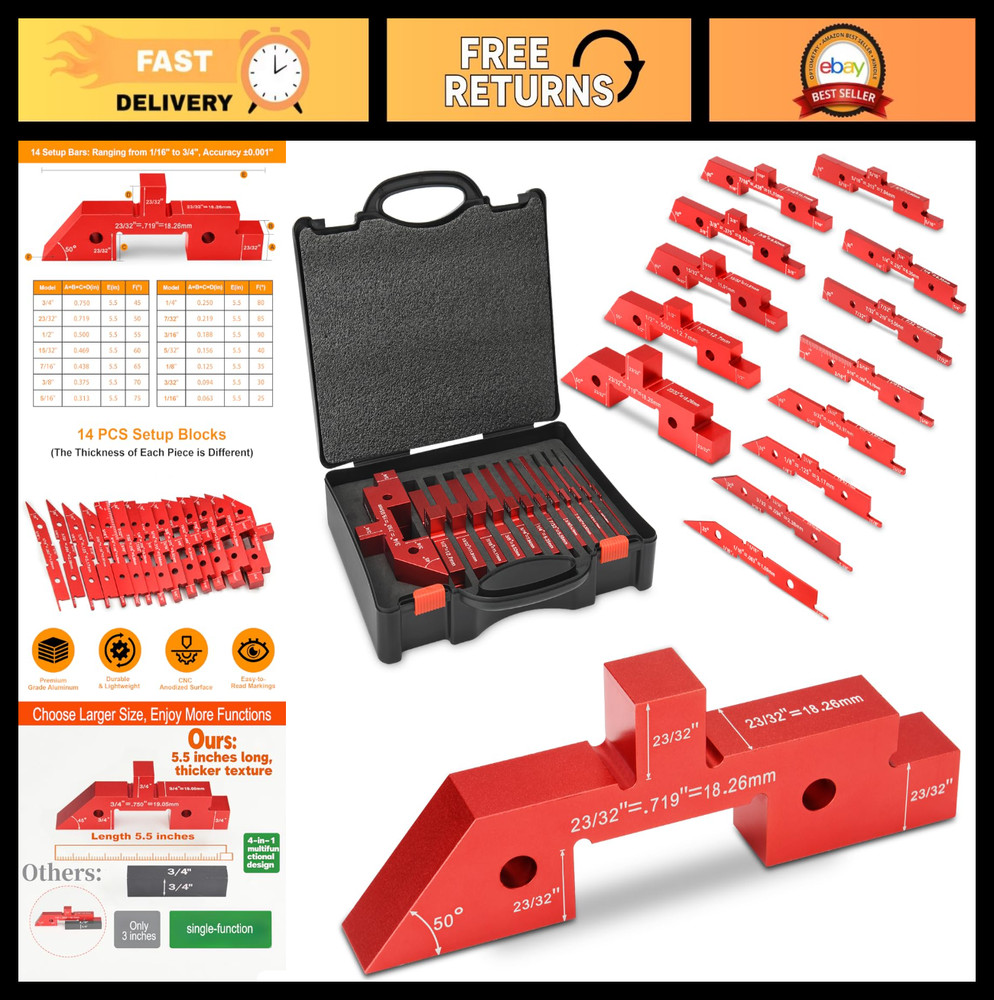 14pcs Aluminum Setup Blocks for Woodworking - Precision Height, Angle & Fence Ga