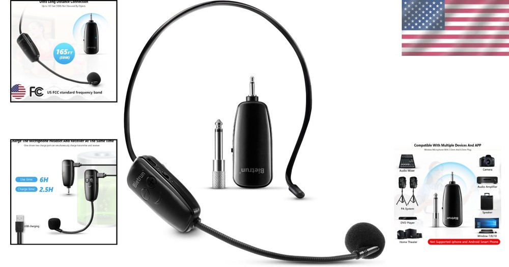 UHF Wireless Microphone Headset System - 160ft Range for Clear Audio Performance