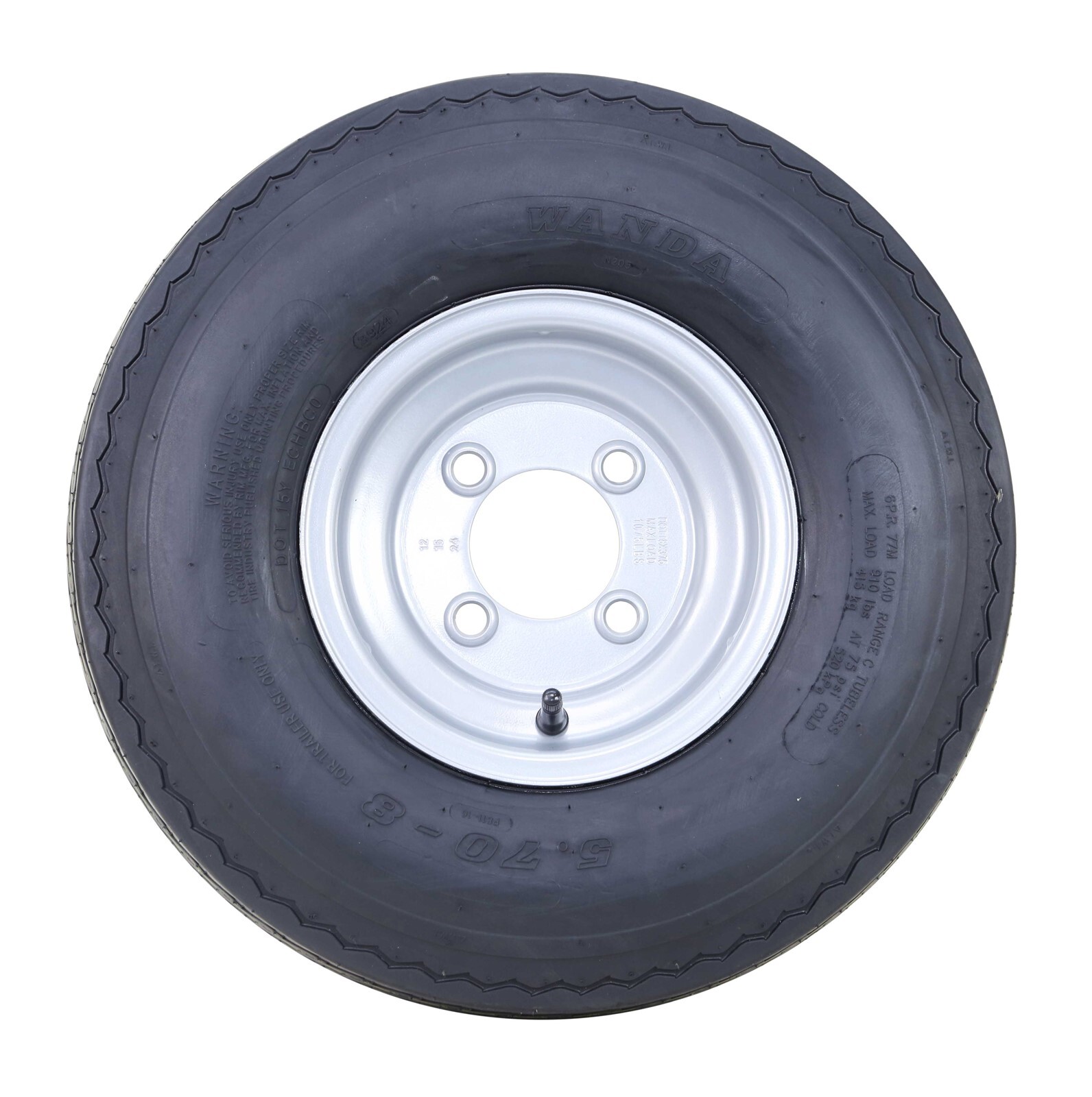 2 WANDA Trailer Tire Assembly 5.70-8 6-Ply Silver Rim 4 Lugs on 4"