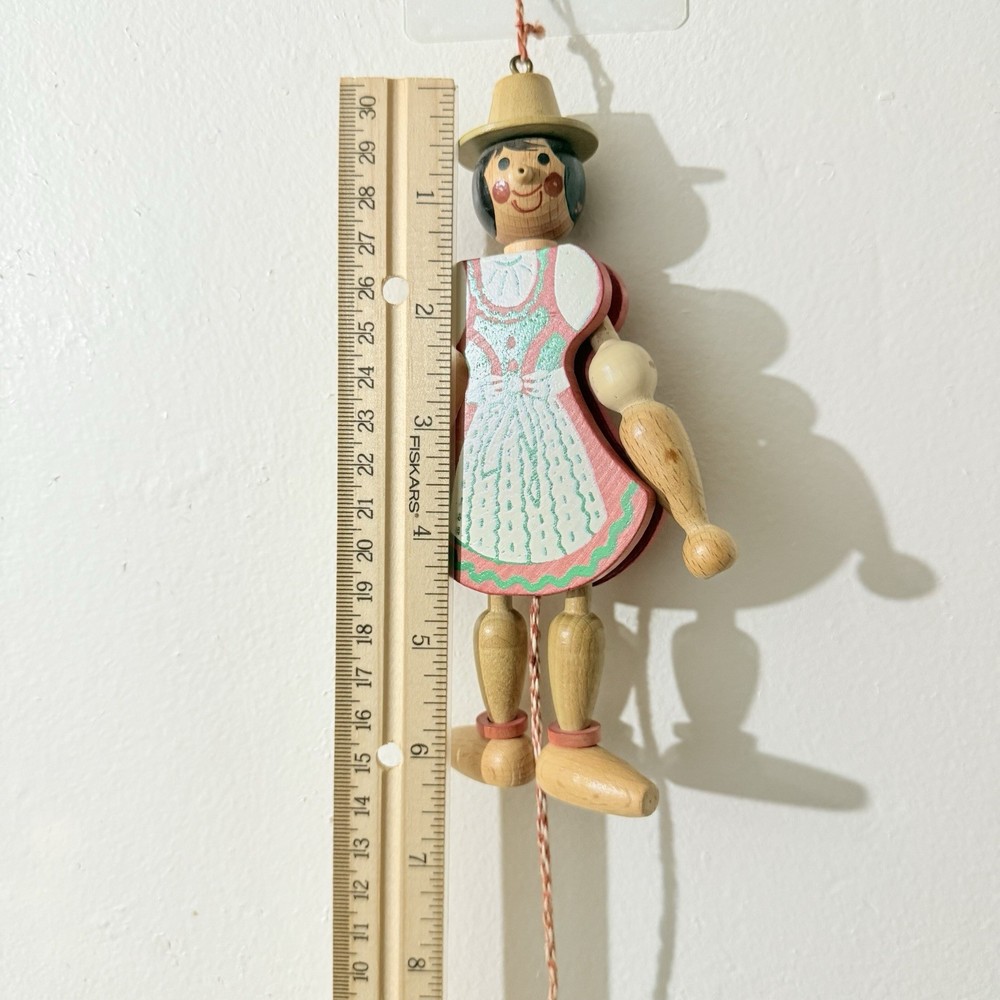 Vintage Austria Wooden Pull String Puppet Christmas Ornament Movement