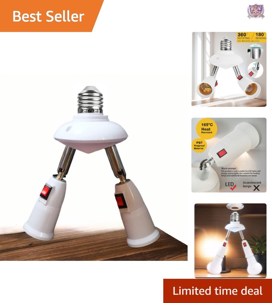 2-in-1 Light Socket Extender E26/E27 to 2 Bulb Adapter Adjustable 360° Rotatable
