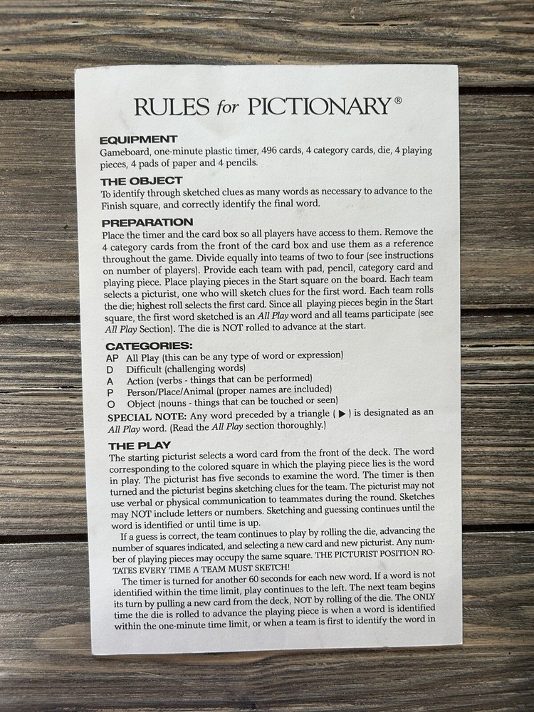 Vintage 1993 Pictionary Replacement Piece Part Directions