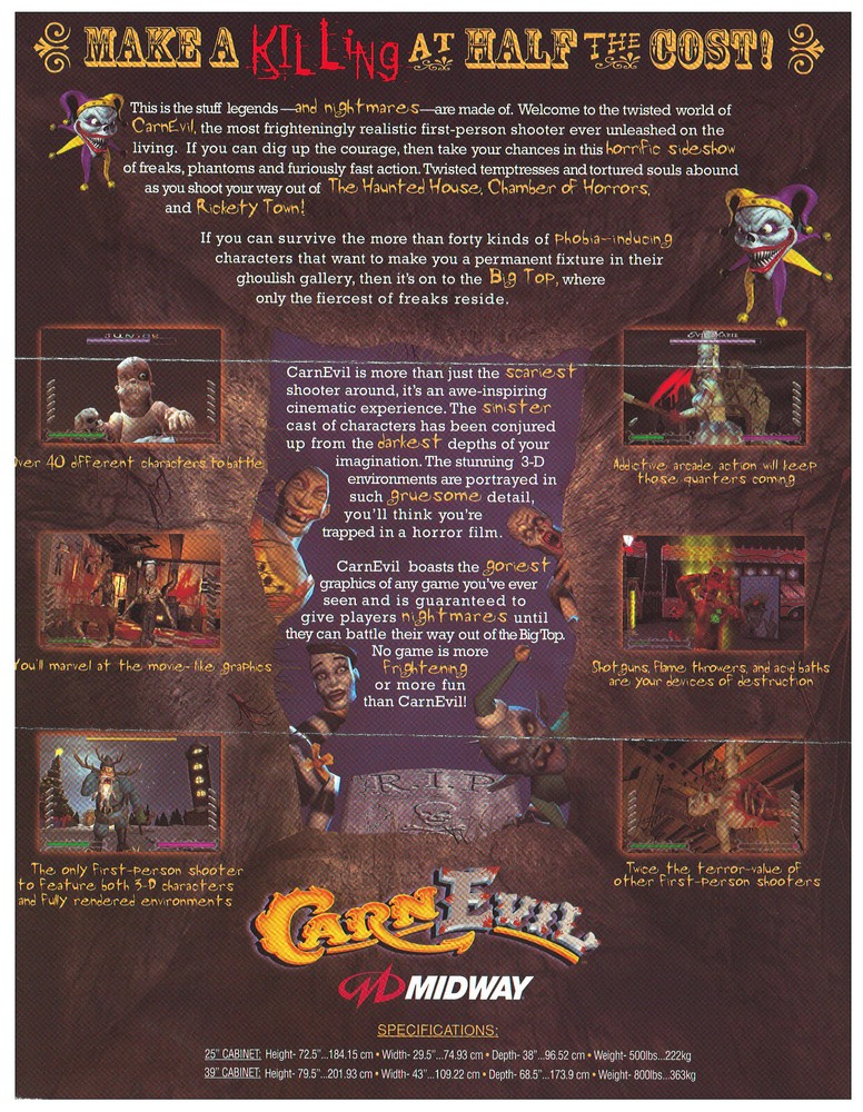 Carn Evil by Midway Arcade Flyer / Brochure / Ad /
