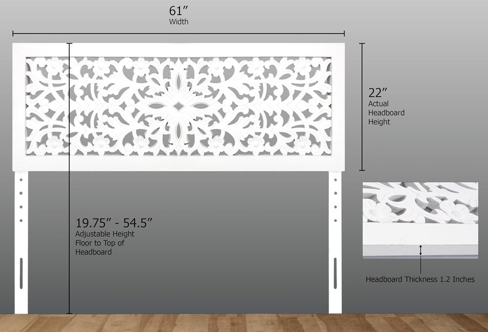 Rustic White Solid Wood Queen Headboard with Hand-Carved Design