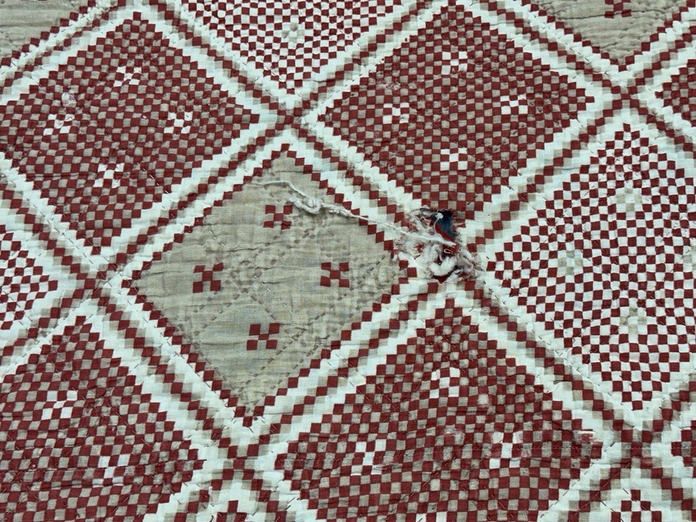 Vtg Nine Patch on Point Quilt Hand Sewn Red Feedsack Patchwork Distressed *Read