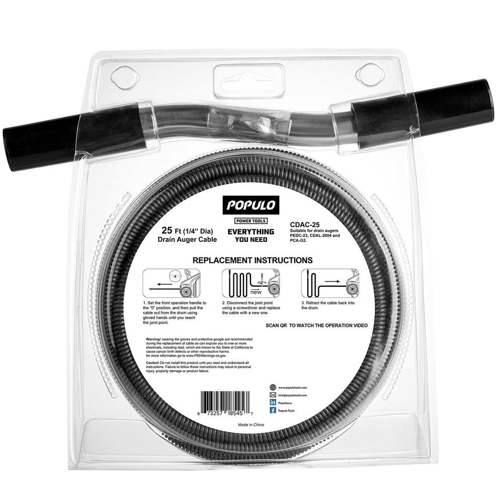 POPULO 25FT Replaceable Cable, Compatible with POPULO Electric Drain Auger(CA