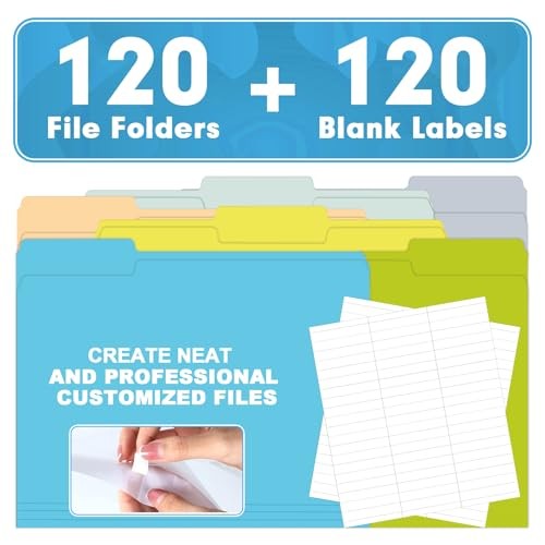 File Folder, 120 Pack 1/3 Cut Tab File Folders, Letter Size, Assorted 10