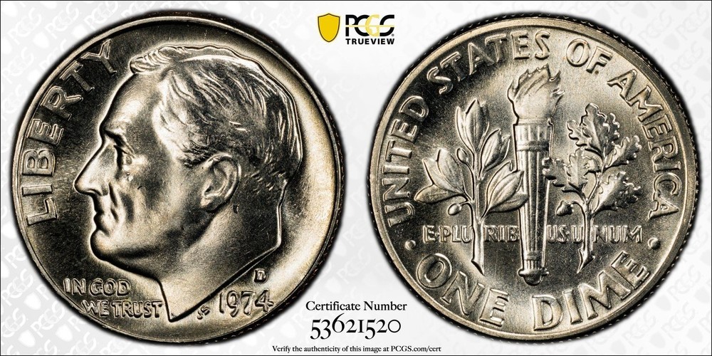 1974-D Roosevelt Dime PCGS MS66 Goldshield Trueview