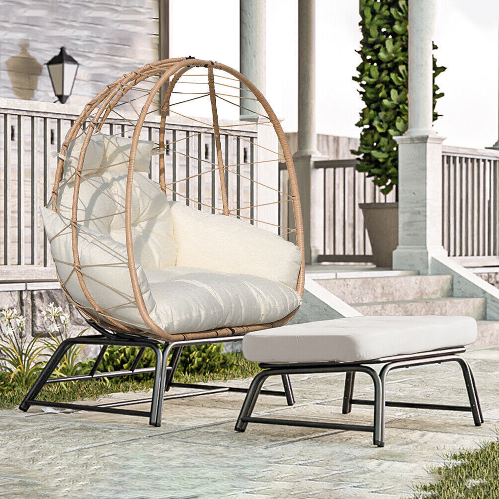 Wicker Egg Chair with Ottoman Outdoor Indoor Oversized Lounger Stand for Porch