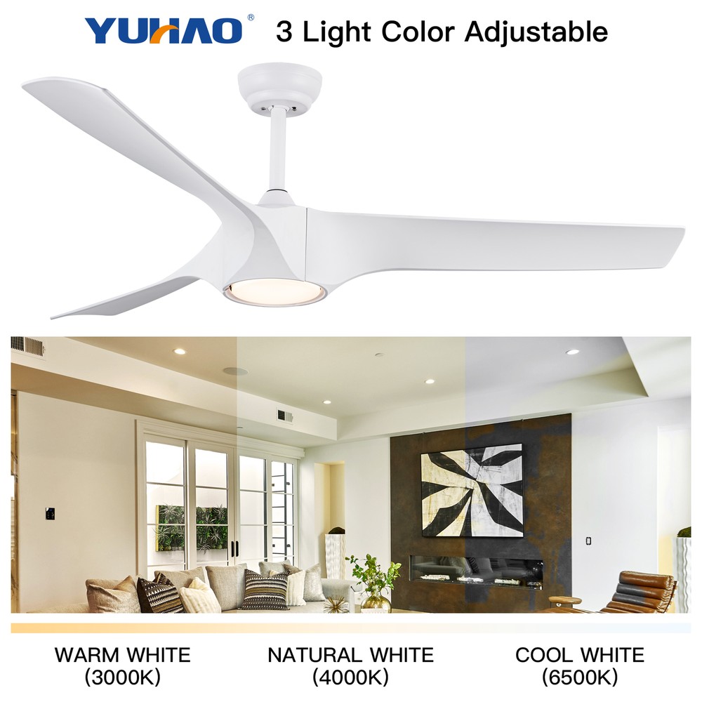 56 In Modern White Ceiling Fan with LED Light, 3 ABS Blades