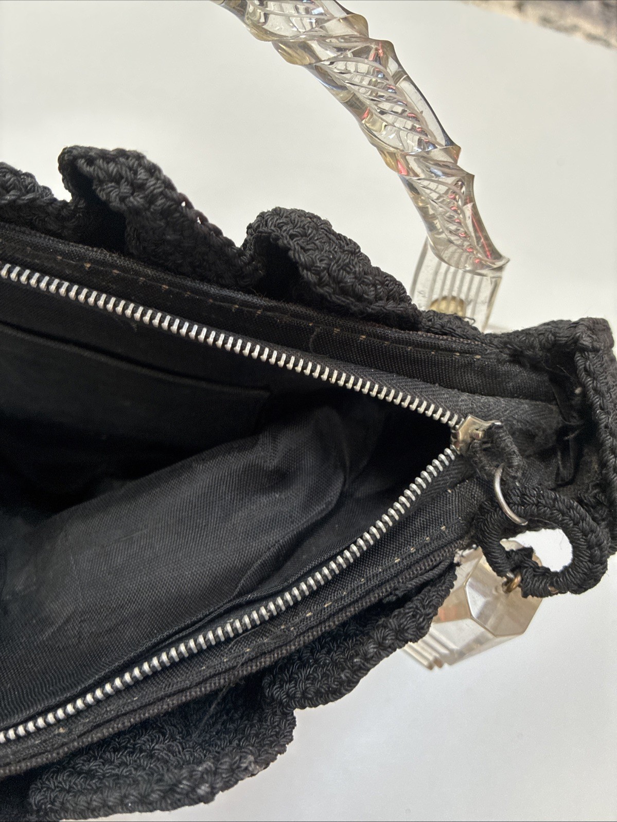 1930s Art Deco Crochet Handbag Clear Lucite Style Handle Provenance Depression