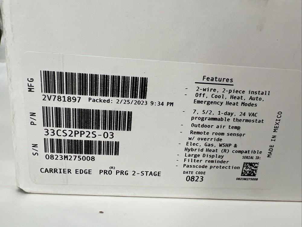 CARRIER EDGE 33CS2PP2S-03 PRO PROGRAMMABLE 2 STAGE 7-DAY THERMOSTAT