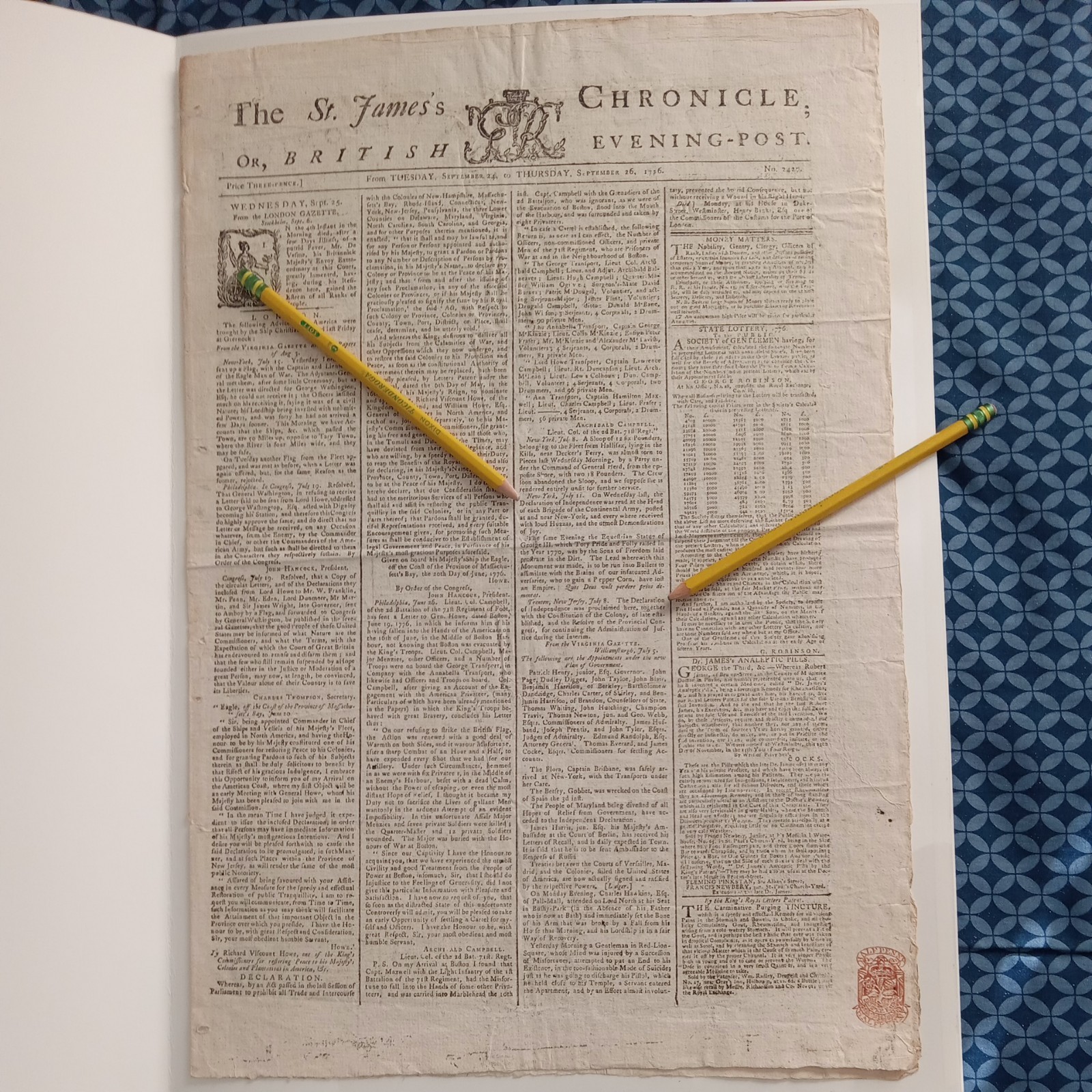 "DECLARATION OF INDEPENDENCE" Front Page Mentions - 1776 British Newspaper