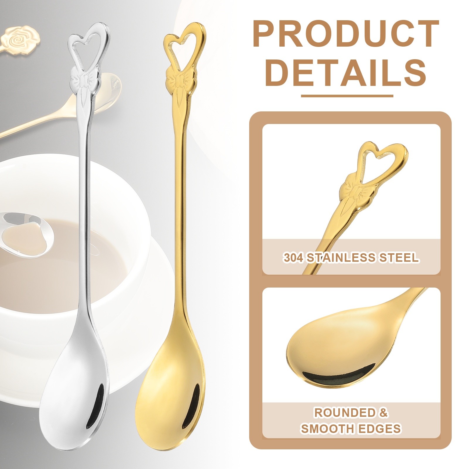6pcs Coffee Spoons, Heart Tea Spoons Stainless Steel, Gold