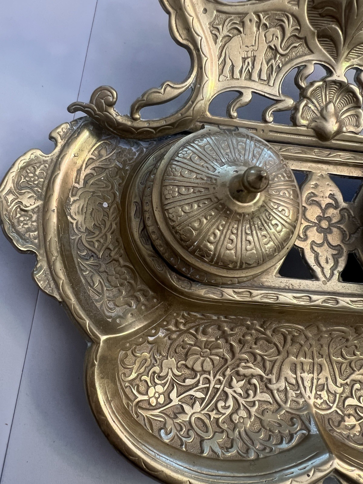 Vintage Gilded Cast Brass Art Nouveau Elephants Ornate Double Inkwell