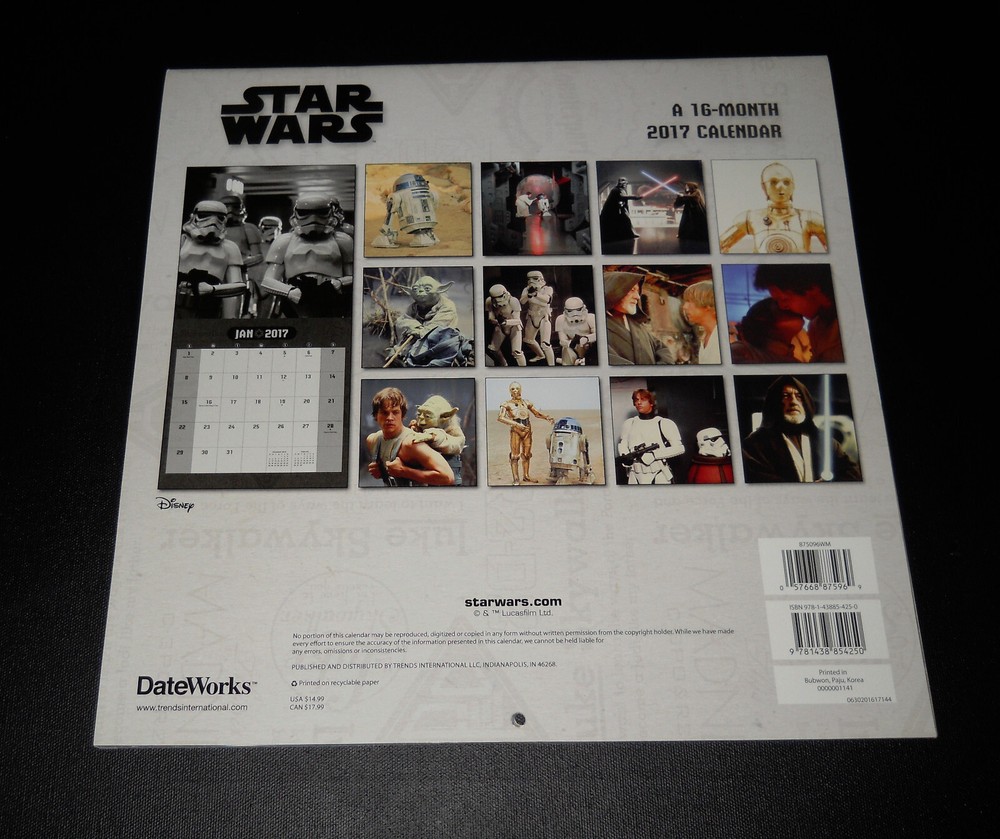 2017 STAR WARS 16 Month CALENDER